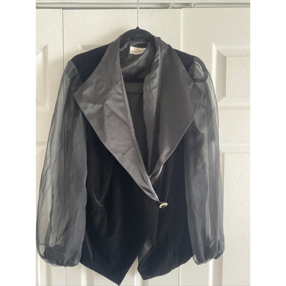 After Dark Vintage Velvet Sheer Sleeve‎ Evening Jacket Womens Size L Black Glam